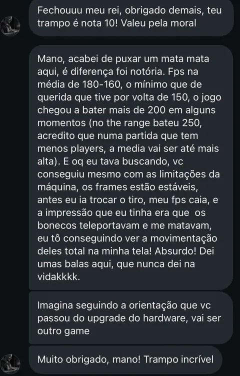 Conversa de cliente relatando FPS mais estável após otimização