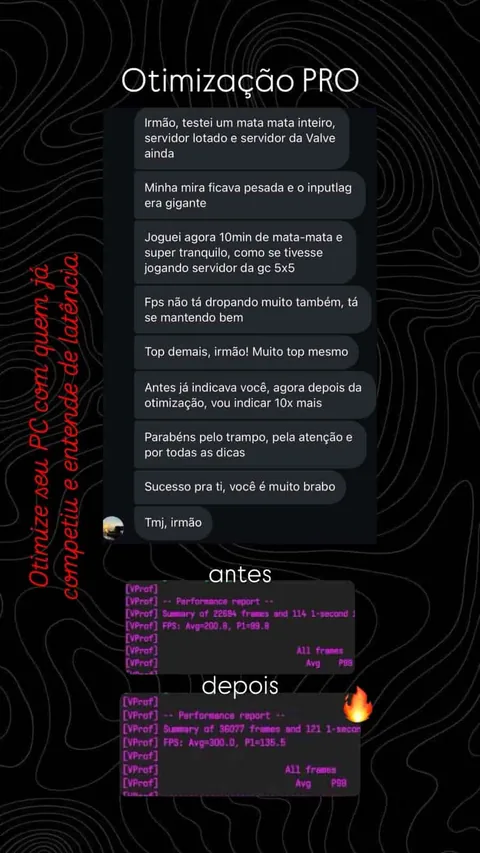Depoimento de otimização PRO com comparação de desempenho antes e depois