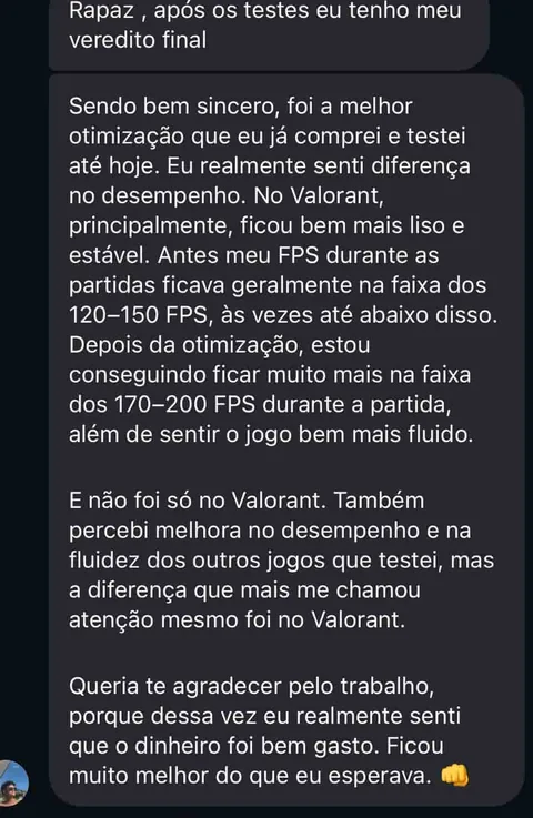 Cliente relata melhor fluidez e FPS no Valorant